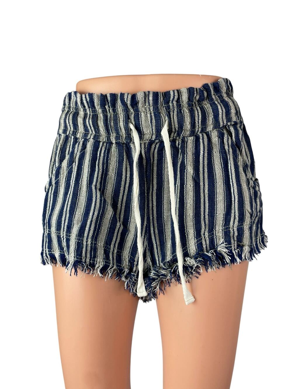 Urban Outfitters BDG Frankie Blue Striped Raw Frayed Hem Micro Paperbag Shorts M
